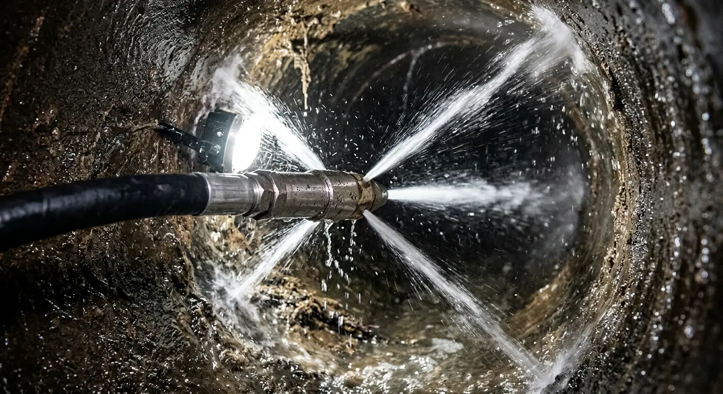 High-pressure hydro jetting nozzle cleaning sewer pipe for Sewer Cleanout in LaFayette