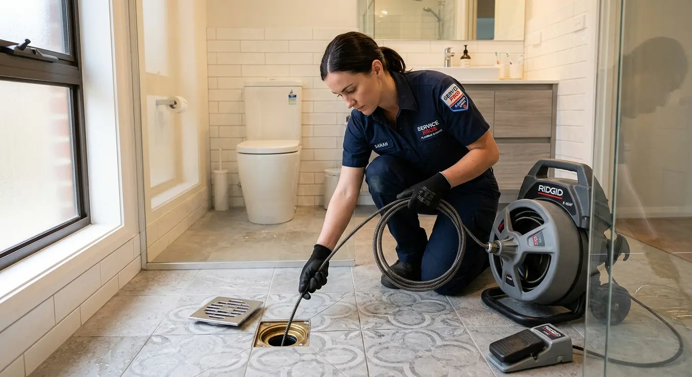 Technician clearing a bathroom floor drain for Sewer Line Replacement in LaFayette